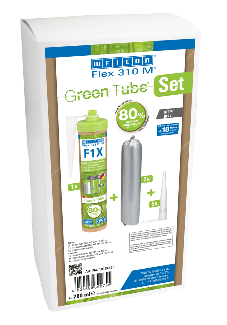 WEICON Green Tube Flex 310 M F1X | MS polimer esaslı, çok yüksek ilk yapışma özelliğine sahip, 180°C'ye kadar sıcaklığa dayanıklı yapıştırıcı ve sızdırmazlık maddesi