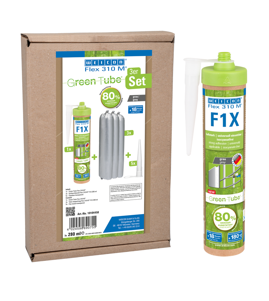 WEICON Green Tube Flex 310 M F1X | MS polimer esaslı, çok yüksek ilk yapışma özelliğine sahip, 180°C'ye kadar sıcaklığa dayanıklı yapıştırıcı ve sızdırmazlık maddesi
