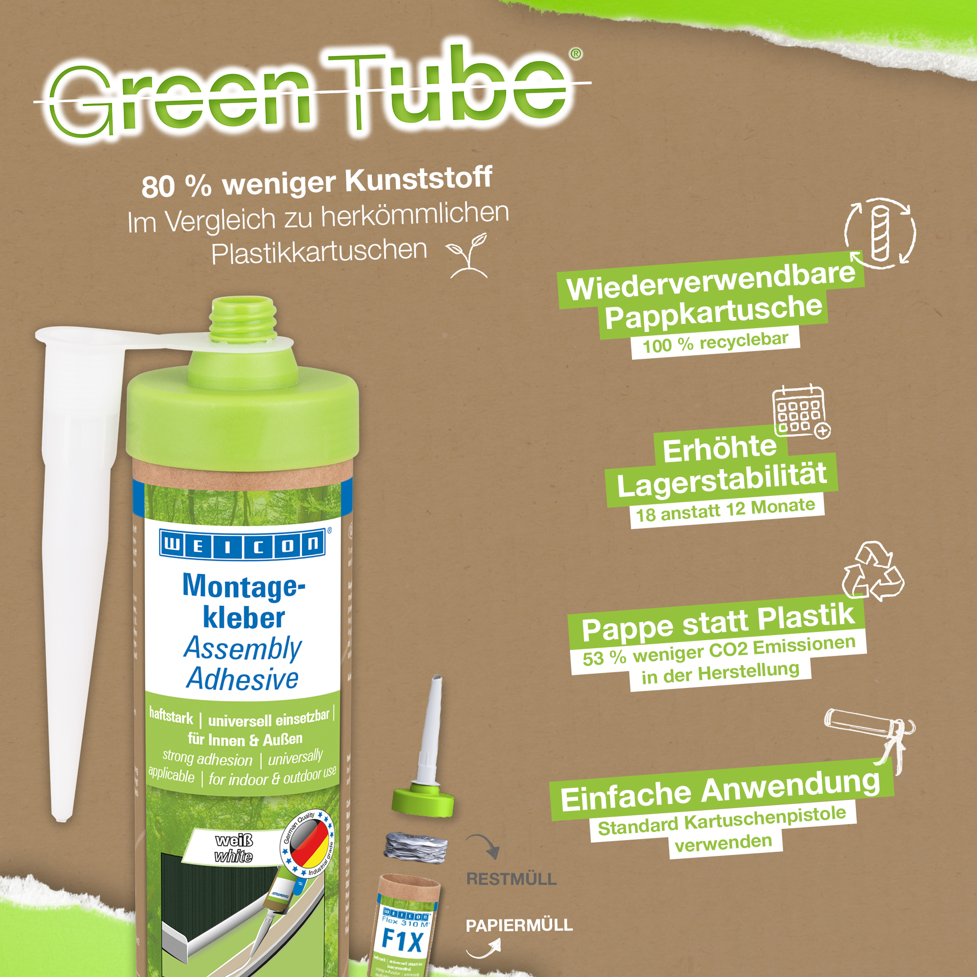 WEICON Green Tube Montaj Yapıştırıcısı | İç ve dış mekan kullanımı için güçlü üniversal yapıştırıcı