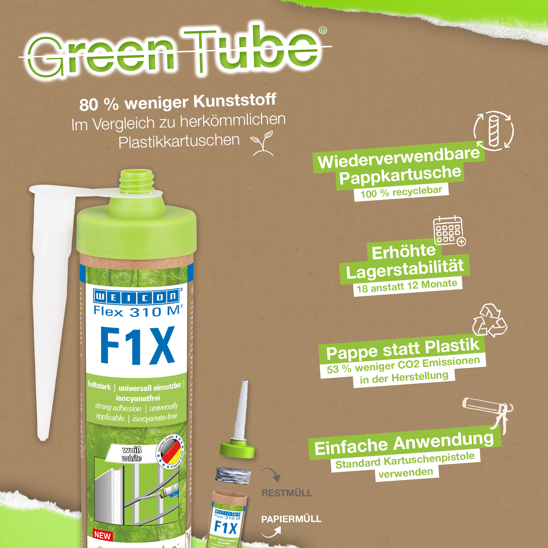 WEICON Green Tube Flex 310 M F1X | MS polimer esaslı, çok yüksek ilk yapışma özelliğine sahip, 180°C'ye kadar sıcaklığa dayanıklı yapıştırıcı ve sızdırmazlık maddesi