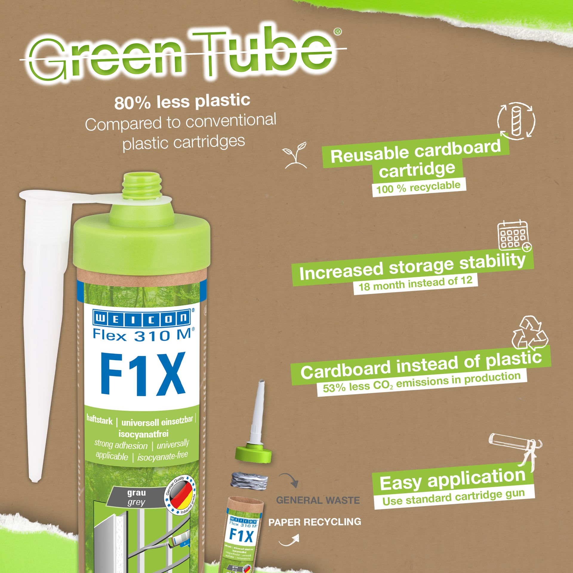 WEICON Green Tube Flex 310 M F1X | MS polimer esaslı, çok yüksek ilk yapışma özelliğine sahip, 180°C'ye kadar sıcaklığa dayanıklı yapıştırıcı ve sızdırmazlık maddesi