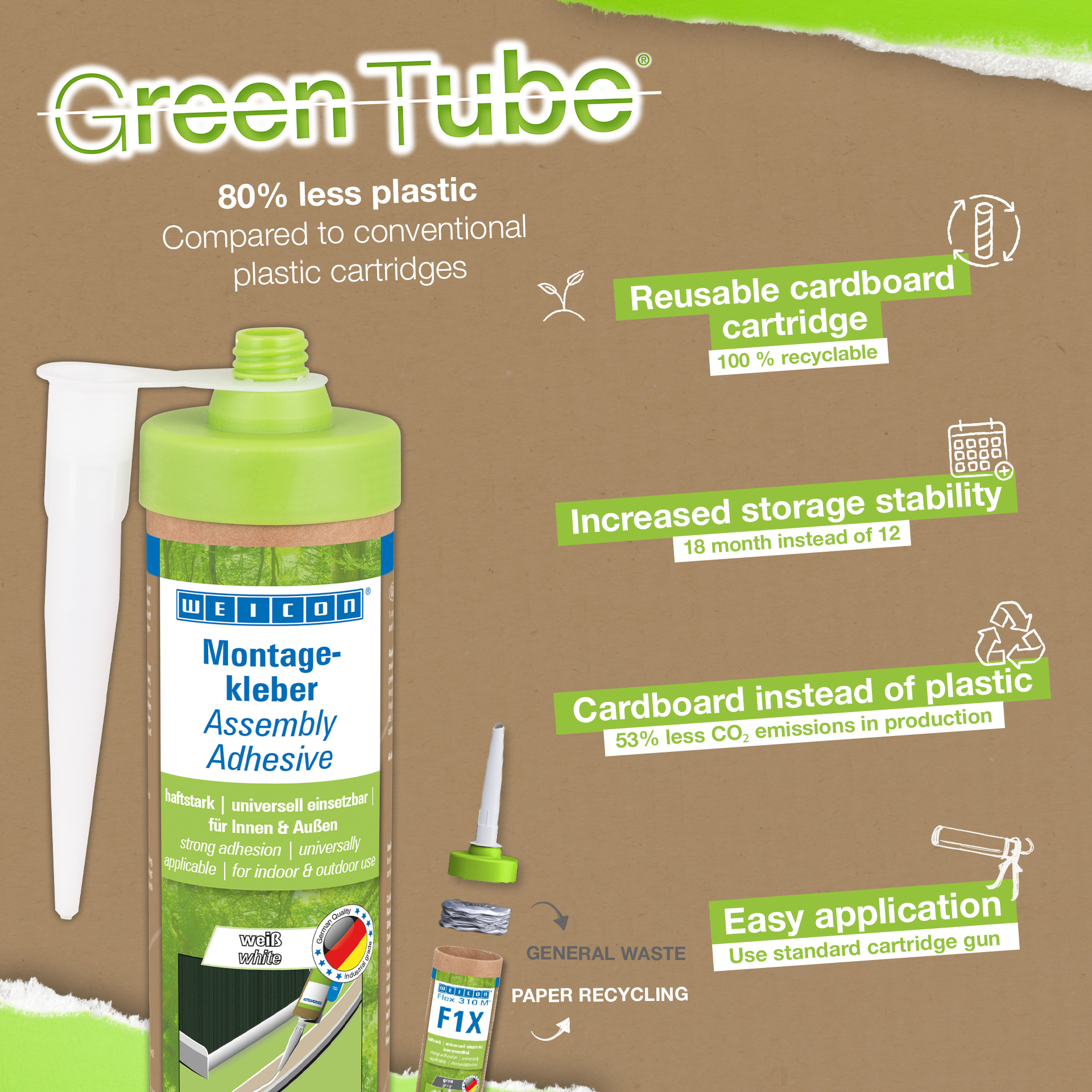 WEICON Green Tube Montaj Yapıştırıcısı | İç ve dış mekan kullanımı için güçlü üniversal yapıştırıcı